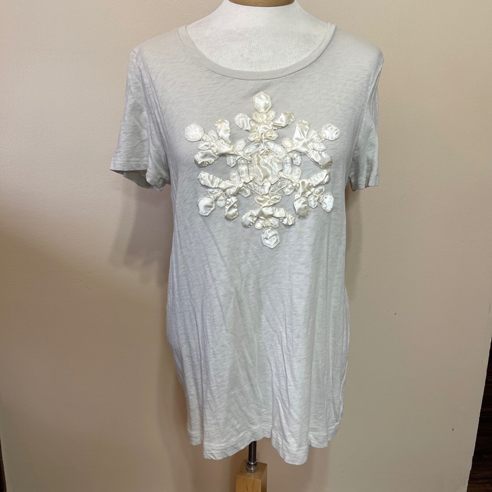J.Crew Womens Snowflake Satin Ribbon Applique‎ Cotton T-Shirt Gray Medium
